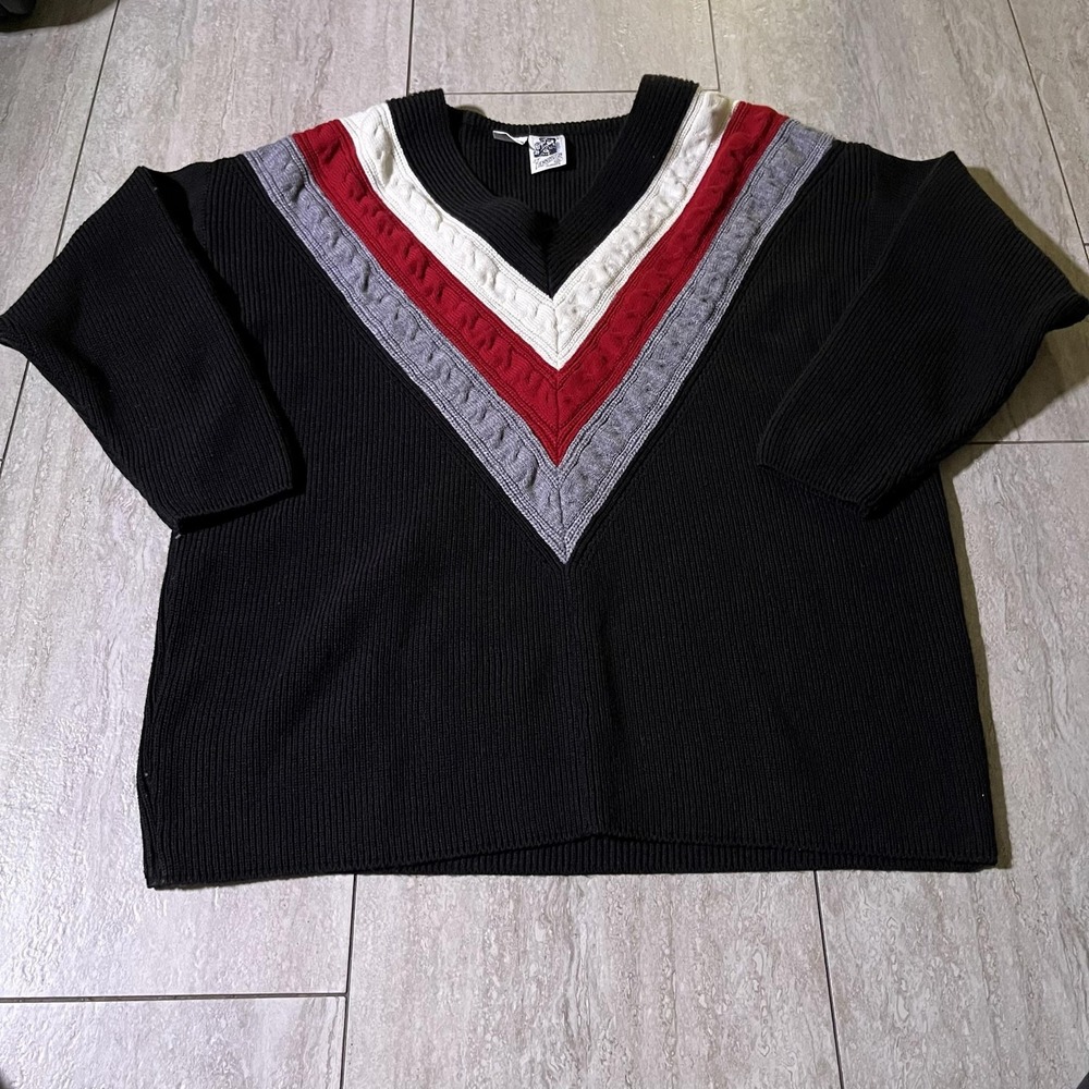 Vintage Kennington Sweater Mens Large Black V Neck Chevron Stripe Knit Pullover